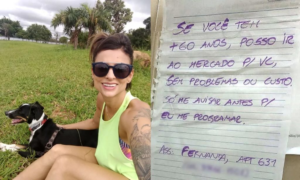 Mulher em Brasília escreveu recado e afixou nos elevadores do prédio onde mora oferecendo ajuda a quem não pode fazer compras pelo bairro - Foto: Arquivo pessoal / BBC